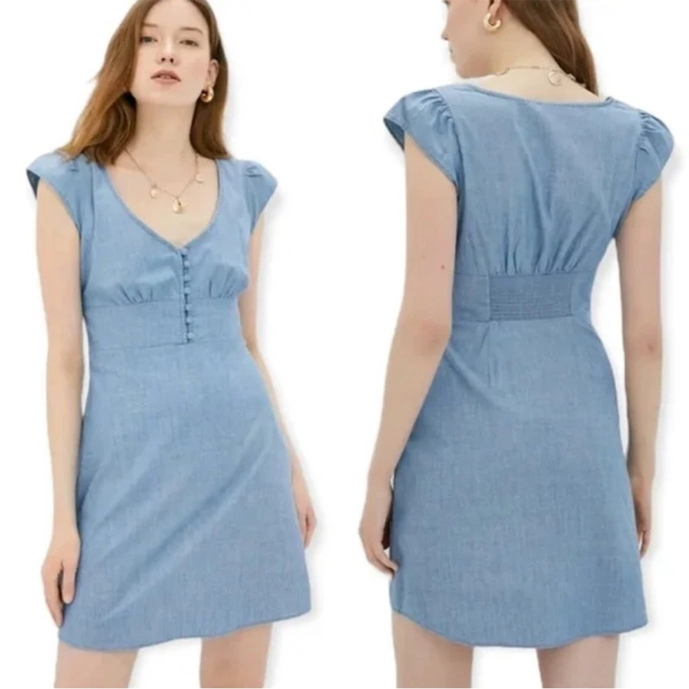 Banana Republic Blue Chambray Button-front Cap-sleeve dress